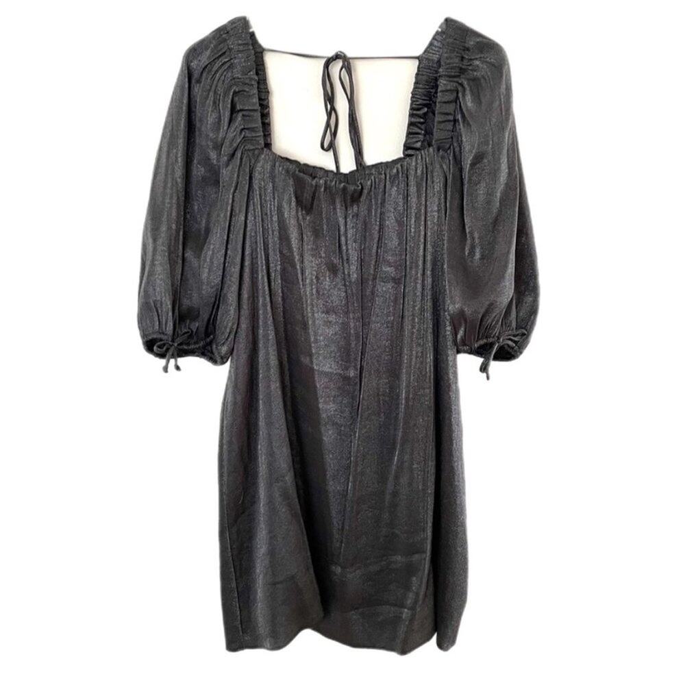 Free People Mara Dark Grey Metallic Puff Sleeve Shift Dress Sz XS